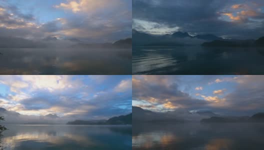 时光流逝，美丽的山景和湖泊在早晨的反射高清在线视频素材下载