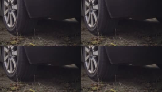 汽车的车轮靠近，行驶在秋天的森林道路上生动的落叶高清在线视频素材下载