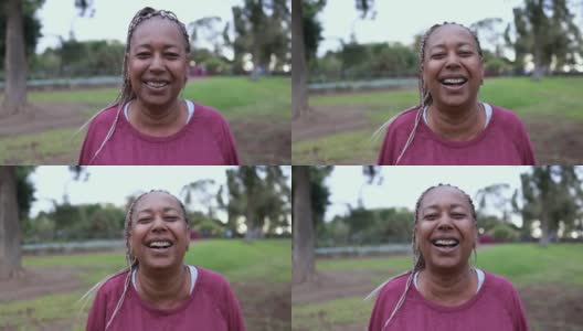 快乐的非洲高级妇女在镜头前微笑高清在线视频素材下载