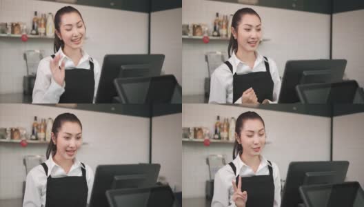 亚洲女咖啡师员工与网上订餐的顾客视频通话高清在线视频素材下载