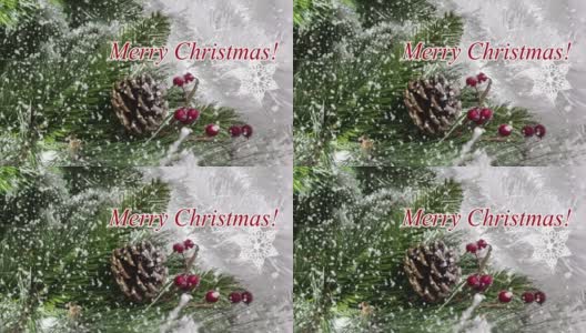 浪漫的视频问候快乐的圣诞与雪树，白色的雪和红色的浆果和消失的题词高清在线视频素材下载