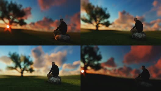 爷爷在绿色的草地上享受着短暂的日出，画面缩小高清在线视频素材下载