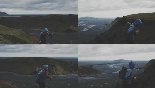 北欧人在火山景观中行走高清在线视频素材下载