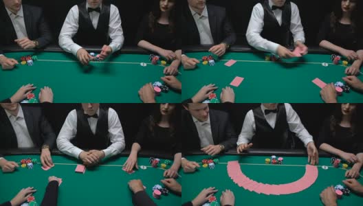 赌场发牌人洗牌和分发牌，玩家检查组合高清在线视频素材下载