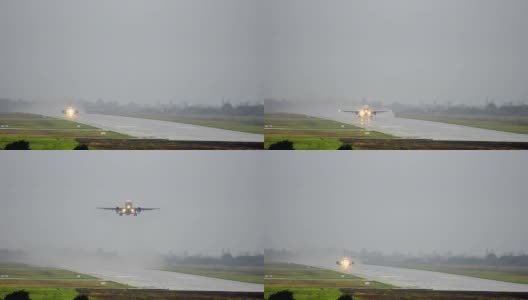 喷气式飞机在雨中起飞失控高清在线视频素材下载