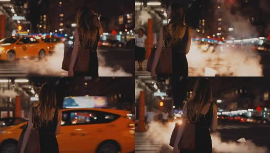 年轻美丽的女人站在人行横道附近的背影，在纽约，美国市中心的交通道路高清在线视频素材下载