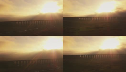 日落背后的Ribblehead高架桥-无人机射击高清在线视频素材下载