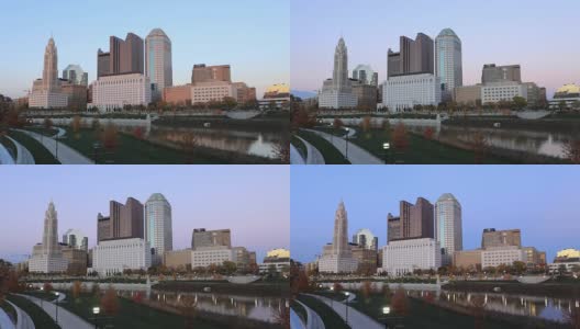 从白天到晚上的时光流逝的景象，哥伦布，俄亥俄州的城市中心高清在线视频素材下载