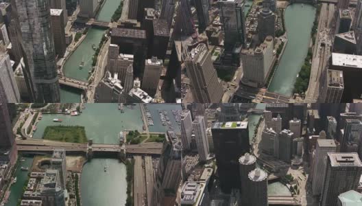 日间航拍芝加哥市区和芝加哥河。高清在线视频素材下载