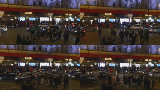 法国夜光巴黎双层巴士画廊拉斐特拥挤的街道乘坐全景4k高清在线视频素材下载