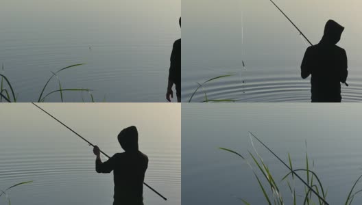 一个人拿着钓竿在湖边钓鱼。渔民们在阳光下站在湖边。高清在线视频素材下载