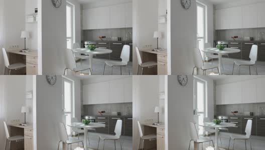 4 k。斯堪的纳维亚风格的现代公寓内部配备厨房和工作场所。运动全景高清在线视频素材下载