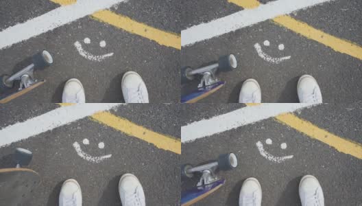 白色运动鞋在人行道上画了笑脸标志高清在线视频素材下载