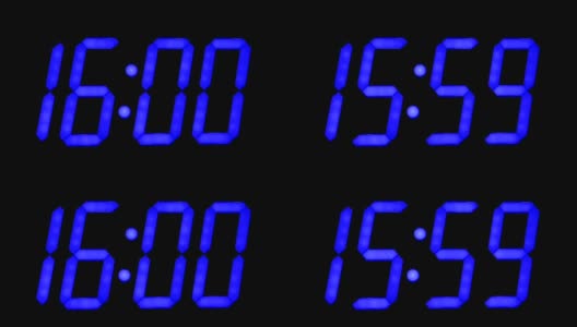LED时钟显示与大蓝色数字，工作与闪烁秒，改变15.59到16.00。高清在线视频素材下载