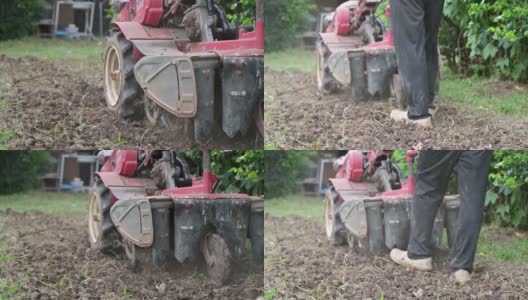 在种植园中控制双轮拖拉机在土壤上犁地的农民高清在线视频素材下载