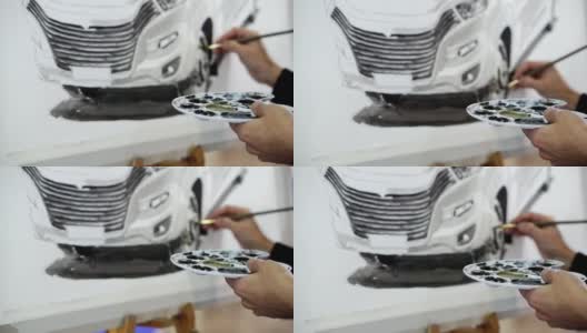 艺术家在画布上画了一辆汽车高清在线视频素材下载
