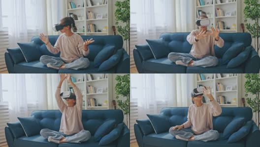 惊奇的女孩戴着虚拟现实头盔，体验3d世界，科技高清在线视频素材下载