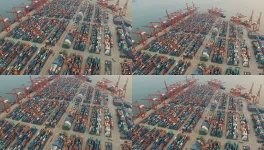 一个繁忙港口的集装箱无人机视图高清在线视频素材下载