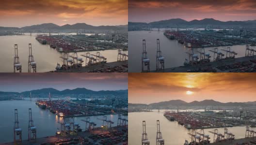 韩国釜山，日以继夜的集装箱码头高清在线视频素材下载