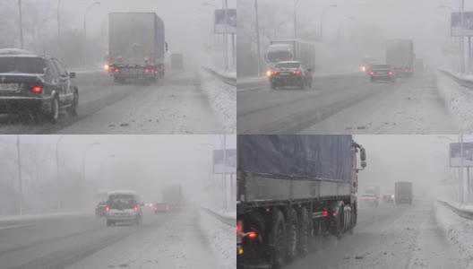 路上有暴风雪，能见度低。城市里天气不好高清在线视频素材下载