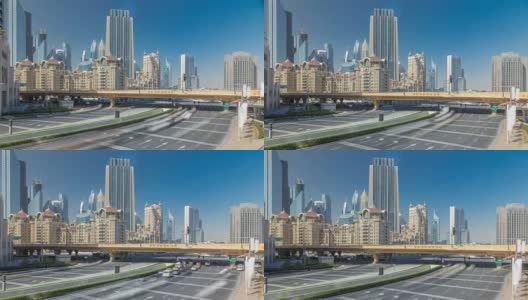 谢赫扎耶德路附近交通繁忙，现代摩天大楼环绕在奢华的迪拜城市高清在线视频素材下载