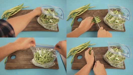女人的手切豌豆，放进塑料袋冷冻。冷冻蔬菜高清在线视频素材下载