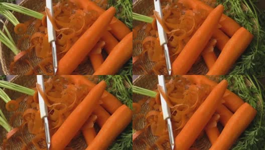新鲜的花园胡萝卜和新鲜剥皮胡萝卜高清在线视频素材下载