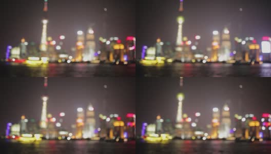 浦东堤岸的夜景，黄浦江上灯火通明的游船，高清在线视频素材下载