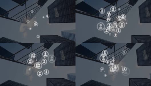 动画人物图标与建筑的背景高清在线视频素材下载
