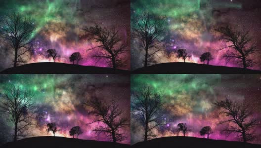 一个清晰的星空夜晚，北极光越过山脉和树木的剪影高清在线视频素材下载