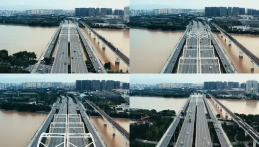 河流上方城市交通鸟瞰图高清在线视频素材下载
