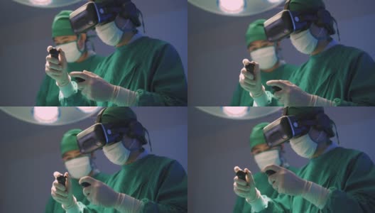 医生戴着虚拟现实眼镜在手术室与病人交谈。高清在线视频素材下载