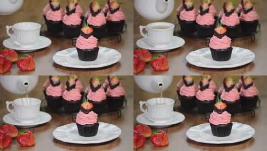 草莓奶油巧克力小蛋糕。高清在线视频素材下载
