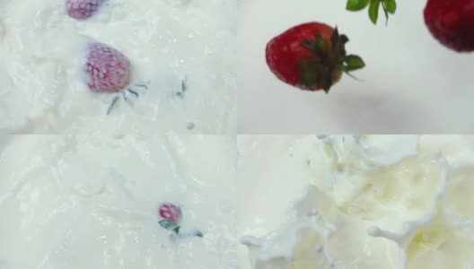 草莓落入奶油中的慢镜头高清在线视频素材下载