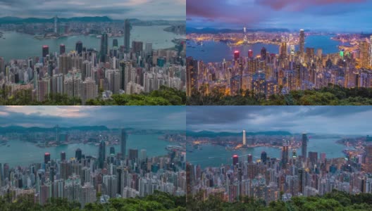鸟瞰图中区和位于维多利亚港的国际金融中心(国际金融中心大厦)，以及从山顶眺望香港海滨高清在线视频素材下载