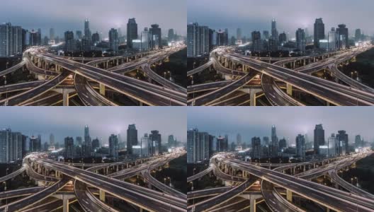 天桥鸟瞰图和城市交通高峰时间，从白天到晚上/上海，中国高清在线视频素材下载