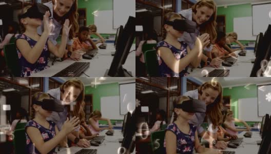 小女孩戴着虚拟现实耳机上计算机课高清在线视频素材下载