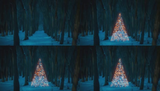 圣诞树由闪亮的蓝色和橙色雪花出现和旋转的3D动画高清在线视频素材下载