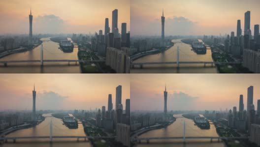 日落时间天空广州市中心城市景观珠江空中倾斜移位全景4k时间间隔中国高清在线视频素材下载