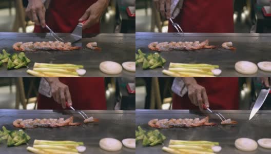 厨师为您烹制烤虎虾日式烧烤铁板烧高清在线视频素材下载