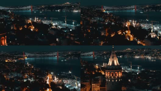 鸟瞰图伊斯坦布尔博斯普鲁斯桥后面的加拉塔在晚上高清在线视频素材下载