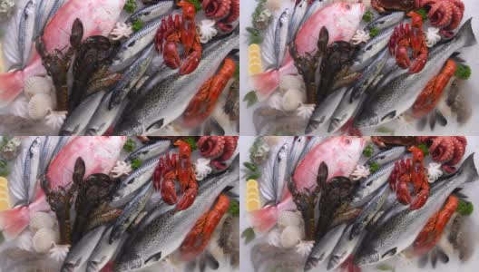 俯视图的各种新鲜鱼和海鲜在冰上与干冰烟。高清在线视频素材下载