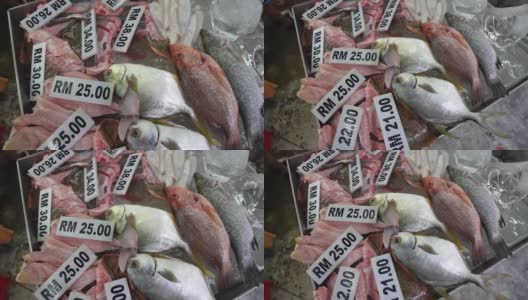 马来西亚户外菜市场出售的鲜鱼高清在线视频素材下载