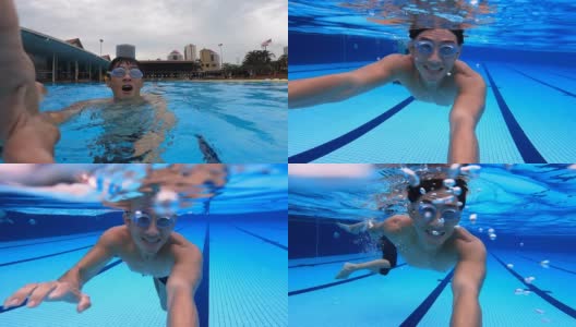 个人视角自拍亚洲华人男性游泳运动员游过游泳池高清在线视频素材下载