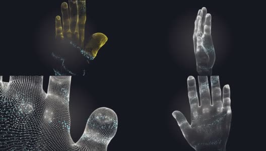 3d手掌的小旋转颗粒。用3D技术演示手掌，用3D技术观察身体的一部分。在医学上身体的部分。手指移植高清在线视频素材下载