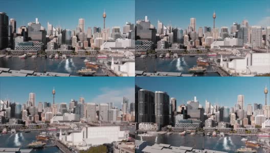 天际线视频。无人机俯瞰达令港，悉尼，澳大利亚。4K视频高清在线视频素材下载