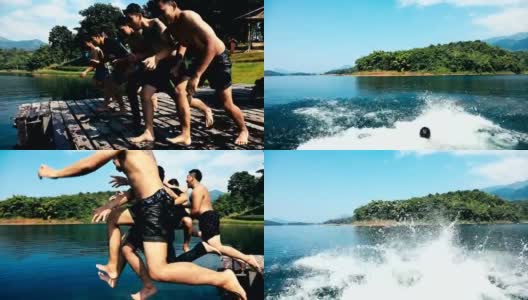 年轻人一起从码头跳到湖里，朋友们在一个阳光灿烂的日子从湖边的码头上跳下去高清在线视频素材下载