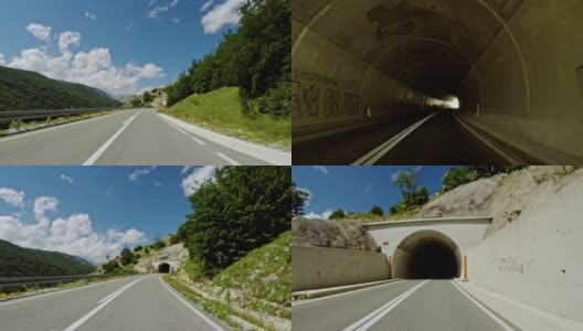 一个晴朗的夏日，黑山的山路和隧道。观点观点高清在线视频素材下载