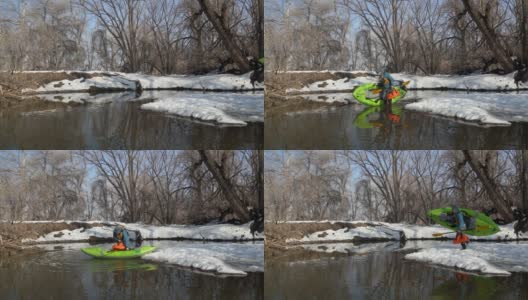 老年男性划桨手正在一条小河上推出充气皮划艇高清在线视频素材下载