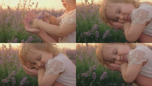 慢镜头，宝宝和妈妈在薰衣草地里。女孩快乐，微笑，爱花，拥抱。香薰，石油，农贸，一家人在一起。睡觉高清在线视频素材下载
